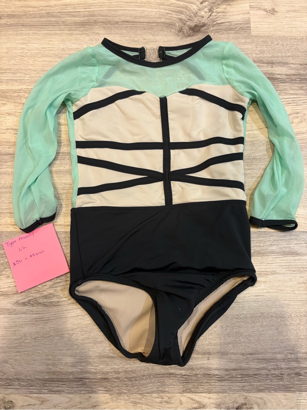 Girls Long Sleeve Dance Leotard in Mint, Cream & Black
